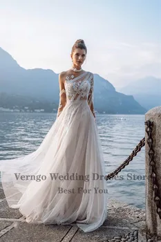 Verngo Paplūdimio Boho Vestuvių Suknelė Nuotakos Nėrinių Aplikacijos ilgomis Rankovėmis Linijos, Kaimiškas Nuotakos Suknelės, Elegantiškos Elegantiškas Chalatas de mariee 2021