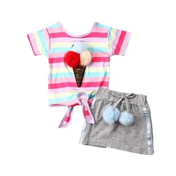 2020 Sweet Baby Girl Vaivorykštė Dryžuotų Drabužių Rinkiniai Bamblys Vaikai Princesė Vasaros Viršūnes T-shirt Mini pūkų kamuoliuką Sijonas Gražus Komplektus