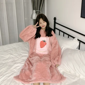 Moterų žiemos pižama nustatyti šiltas sleepwear rausva, braškių spausdinti mielas flanelė ilgomis rankovėmis tirštėti pižama namų drabužių gobtuvu Y021