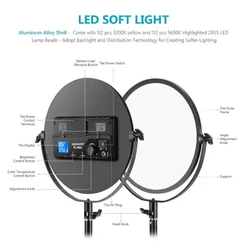 Neewer Metalo 10.6 cm Apvalios Bi-Color LED Vaizdo Šviesos，30W 3200-5600K CRI95+ LCD Ekranas Pritemdomi Studija Krašto Flapjack Šviesos