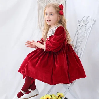 Mergina Lolita Princess Dress Žiemos Kūdikio Gimtadienio, Naujųjų Metų Aksomo Suknelė Vaikų Europoje Suknelės Bamblys Kalėdų Raudona Kamuolys Suknelė