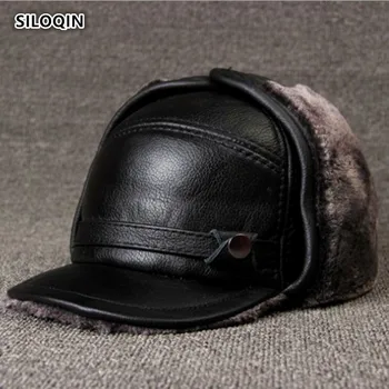 SILOQIN žiemos natūralios Odos skrybėlę Viduryje seno amžiaus Vyrų Tirštėti šiltas Pirmojo sluoksnio karvės odos Bombonešis skrybėlės Earmuffs Vėjo Kaulų bžūp