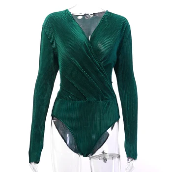 Seksualus Long Sleeve V-Kaklo Bodysuit Moterų 2020 M. Autunm Naujas Prarasti Mados Žalia Tekstūra Marškinėliai Mygtuką Viršūnes Elegantiškas Tekstūruotos