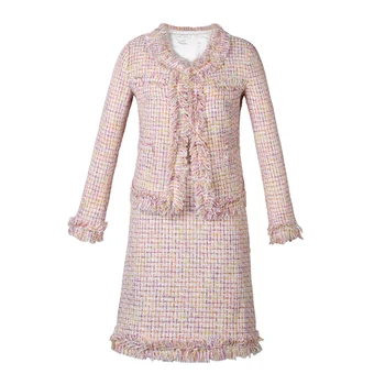 Rožinės spalvos Pledas Tvido švarkas + berankovis suknelė tiktų pavasario /rudens / žiemos moterų striukė Verslo ponios 2 dalių kostiumą