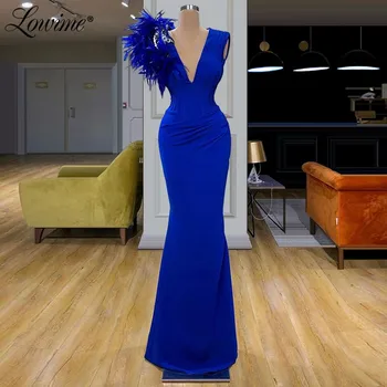 Royal Mėlyna Plunksna Vakare Gown Oficialų Suknelė Saudo Arabija V Kaklo Šalis Suknelė 2020 Užsakymą Dubajus Prom Dresses Chalatas De Soiree
