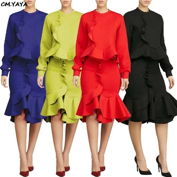 Moterų naujų ilgomis rankovėmis puloveriai) su ruffles undinė kelio ilgis, sijonai, kostiumai dviejų dalių komplektas komplektai tracksuit 4 spalvų L0238