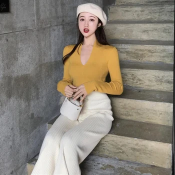 Korėjos Elegantiškas Lankas Kaklaraištis Ilgomis Rankovėmis Moterims Megztiniai, Marškinėliai Mados Naujų Laukinių V Neck Slim Dugno Megztinis Marškinėliai