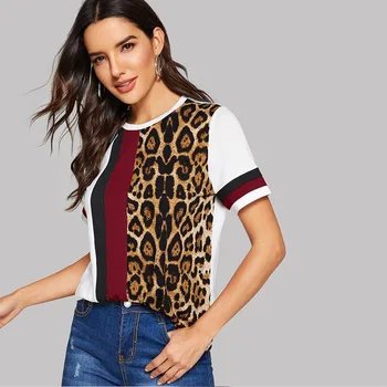 Mados Spalvos Bloką Cut-ir-Siūti Leopard Skydelis Viršuje Trumpas Rankovės O-Kaklo Atsitiktinis Marškinėliai Moterims 2020 Metų Vasaros Laisvalaikio Ponios Marškinėlius Viršų