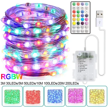 RGBW spalvotu LED Pasakų String Light 3-20M 12 Apšvietimo Režimai USB Baterija Nuotolinio Valdymo Vestuves Namuose Kalėdų Dekoro