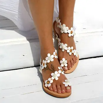 Loozykit White Pearl Gėlės Vasarą, New Roman slip-on Butas Gėlių Rinkiniai Moterų Sandalai Didelių Dydis 40-44 Sandalai Moterims Dropshipping