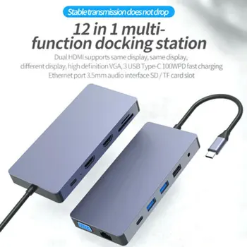 Naujausias USB Tipo C Hub Adapteris 12 1 Dvigubas USB C Tipo Dock For MacBook Su 4K HDMI-USB C USB3.0 Card Reader