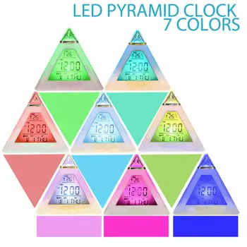 7 Spalvų LED Pyramid Žadintuvas Skaitmeninio signalo Atidėjimo Stalo Laikrodis Naktį, Šviesos, Temperatūros Ekranas, Namų Dekoro Laikrodžiai