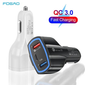 FDGAO QC 3.0 Automobilinis Kroviklis 3-Uostai Greitai Įkrauti USB 3.0 C Tipo Greitas Įkroviklis Telefono Įkrovimo Adapteris, skirtas 