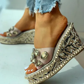 Doratasia prekės ženklo dizainas kristalai, kniedės aišku, platforma, kulniukai laisvalaikio šlepetės pleištai sandalai moterims vasaros batų moterys