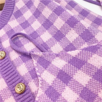 2020 m. Pavasarį, rudenį korėjos Pledas 3 Gabalas rinkiniai Moterų Single-Breasted ilgomis Rankovėmis Megztinis+Trumpas Dirželis dviejų dalių komplektas sijonas Saldus