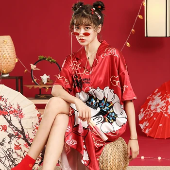Ponios Turn-Žemyn Viskozė Atspausdintas Trumpas Pižamą Moterų Kinų Stiliaus Sleepshirts Femme Laisvi, Patogūs Minkšti Homewear ie Dovana