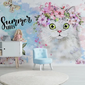 Pasirinktinius Nuotraukų Sienų Tapybos 3D Rankomis Dažyti Gėlių Katė, Vaikų Kambario, Mergaičių Kambario, Miegamojo Apdaila Sienos Freskos neaustinių ekrano Užsklanda