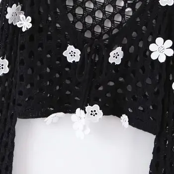 Balta kawaii gėlių aplikacija seksualus megztinis megztas mielas megztinis rudenį kawaii juodas megztinis pasėlių megztiniai moterims korėjos stiliaus