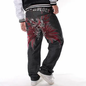 Vyriški Juodos Baggy Jeans Hip-Hop Prekės Dizaineris Riedlentė Kelnes prarasti tiesiai siuvinėjimo HipHop Rap Džinsai Pločio Kojų Džinsinio audinio Kelnės