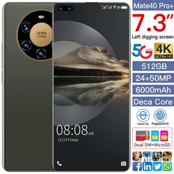 7.3 Colių Mate40 Pro+ 5G Išmanusis telefonas 8+512 GB 6000mAh Dual SIM Android 10 Visą Ekraną Deka Core Veidą Pirštu ID mobilusis Telefonas, Mobile