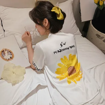 2020 Nauja Daisy Pižama Moterų Ledo Šilko Trumpas Rankovėmis Šortai Kostiumas Korėjos Stiliaus Ins Mados Laisvalaikio Viršūnes Plonas Skirsnis