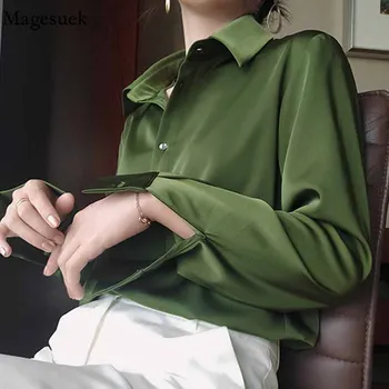 Šilko Korėjos Office Ponios Elegantiškas Marškinėliai Moteriška Palaidinė Prarasti Ilgomis Rankovėmis Viršūnes Avokado Žalioji Marškinėliai Vintage Drabužiai Moterims 12610