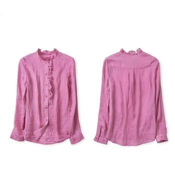 Mygtukas Aukštyn Moterų Marškinėliai ilgomis rankovėmis Rožinė Pynimas Viršuje Vintage Palaidinė Plius dydžio Drabužių Moterims Medvilnės Skalbiniai Ponios Atsitiktinis Marškinėliai