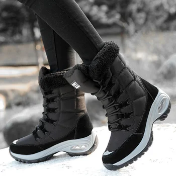 Naujas Žiemos Šiltas Pliušinis Moterys Sniego Batai Ne Slydimo Sneaker Platforma Vidurio Blauzdos Nėriniai Moterų Batai, Žieminiai Batai Moteriška Black Bateliai