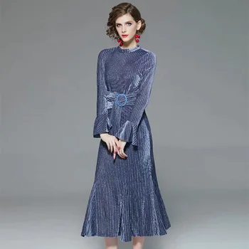 2020 m. pavasarį ir rudenį moterų suknelė naują kokybės trimitas rankovėmis vidutinio ilgio aksomo juostele juosmens prigludusios slidinėti suknelės