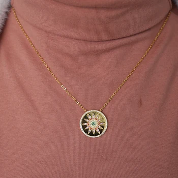 CZ sun flower apvalios monetos Pakabukas kaklo moterims vaivorykštė cz disko graviruoti star starburst geometrinis madingų papuošalų