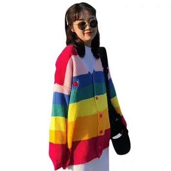Moterų Spalvinga Vaivorykštė Dryžuotas Megztinis Kailis Vieną Krūtinėmis Megztinis Outwear Saldus Mados 2019 Striukė