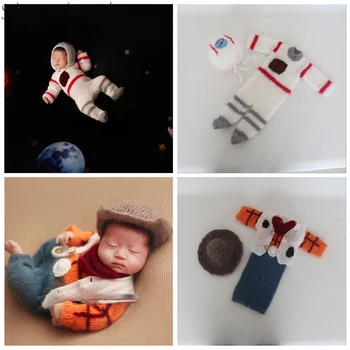 Rankų Darbo Kostiumas Naujagimių Fotografijos Rekvizitai Astronautas Kaubojaus Stiliaus Skrybėlę+Drabužius Kūdikiams, Kūdikių Berniukas Fotosesiją Kelia Rekvizitai