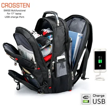 Crossten Patvarus 17 Colių Nešiojamojo kompiuterio Kuprinė,45L Kelionės krepšys,Kolegijos Bookbag,USB Įkrovimo lizdas,Atsparus Vandeniui,Šveicarijos-Daugiafunkcinis