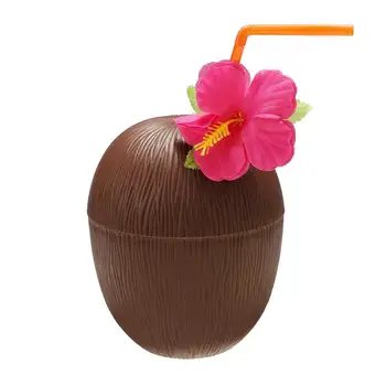3 VNT Havajų Luau Plastikiniai, Kokoso Puodeliai su Hibiscus Flower Bendable Šiaudelius Beach Temą Šalies Prekių
