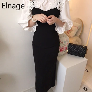 Elegantiška Vintage Moterims Dviejų Dalių Rinkinys, Balti Tuščiaviduriai Iš Marškinius, Juodos Spalvos Be Rankovių Maxi Seksuali Suknelė Apvalkalą Plus Size Pavasario Mada