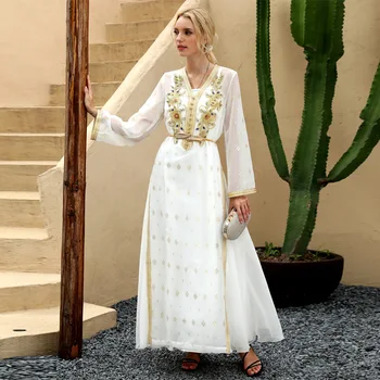 Siskakia šviesos prabanga Aukso Nėrinių Juostelės Krištolo karoliukai Ilga Suknelė Balta V-Kaklo, ilgomis Rankovėmis Dubajus Abaja Marokas Turkry Arabų Suknelės