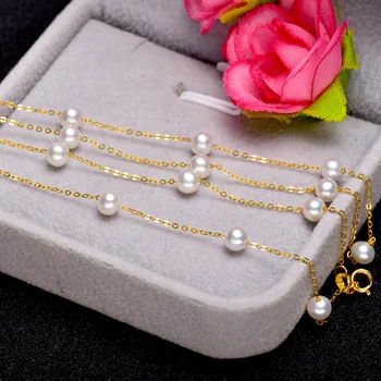YS 5-5.5 mm 17 Vienetų Baltos spalvos Gėlavandenių Perlų Kietasis 18K Aukso Grandinę Karoliai Fine Jewelry