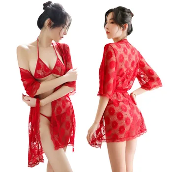3 gabalas/set Nėrinių Skraiste, su Liemenėlė Rinkiniai Seksualus Lingere Kimono Moterų Elegantiškas Bridesmaid matyti per homewear pižama Terry Dušas, Chalatai