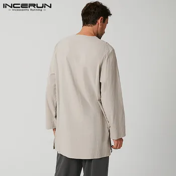 Vintage Marškinėliai Vyrams ilgomis Rankovėmis Medvilnės V-Kaklo Retro Streetwear Atsitiktinis Viršūnes Rudenį vientisos Spalvos Laisvalaikio Marškinėliai S-5XL INCERUN 2021