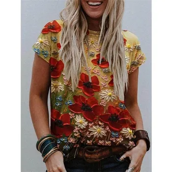 2021 Vasaros 3D Spausdinimo Gėlių T-shirt Moterims, Atsitiktinis O-Kaklo trumpomis Rankovėmis Viršūnes Mados Abstrakčiai Ponios Gatvės Plius Dydis Tshirts Mergaitės