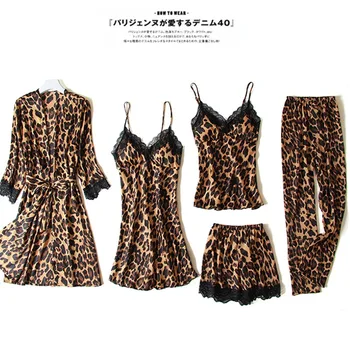 Naujas Seksualus Ponios 5 vnt Pižama Nustatyti Vasaros Leopardas Spausdinti Nėrinių Ledo Satino, Šilko Moterų Pižama Komplektas Su Krūtinės Pagalvėlės Namų paslauga