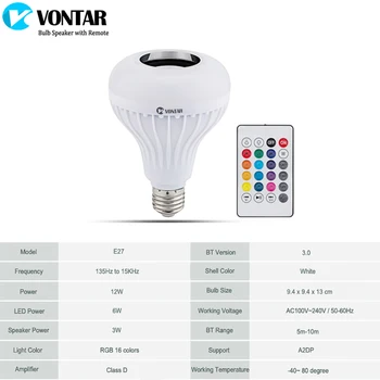 VONTAR Smart Led Lemputė E27 Belaidžio BT Garsiakalbis 12W RGB Lemputės, LED Lempos, 110V, 220V, Muzikos Grotuvas, Garso sistema su Nuotolinio Valdymo