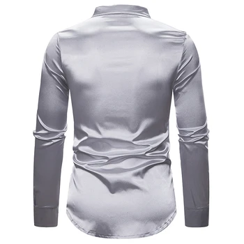 2019 Naujas Vyrų Šilko Satino Blizga Marškinėliai Vyrų Slim Fit Long Sleeve China Kratinys Šalies Klubą Vestuvių Shirt S-2XL