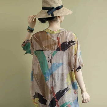 2020 metų Vasaros Menų Stilių Moterims trumpomis Rankovėmis Prarasti V-kaklo Marškinėliai Derliaus Spausdinimo Medvilnės Atsitiktinis Palaidinės Plius Dydis Moteris Blusas M87