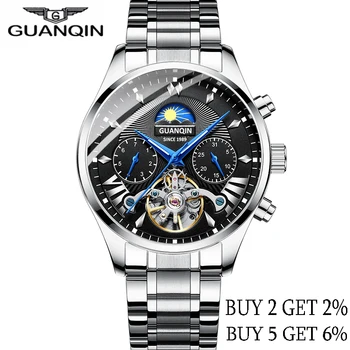 GUANQIN Automatinė Verslo Vyrų Žiūrėti Mechaninė vyriški Laikrodžiai Tourbillon Dizaino Mens Laikrodis reloj hombr