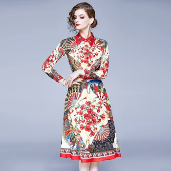 2019 Moterų Suknelė kilimo ir tūpimo Tako Elegantiška Vintage Spausdinimo Suknelė Atsitiktinis Šalis spausdinimo Suknelės kalėdų raudona dizaineris