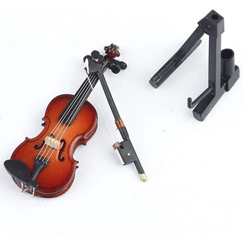 Mediniai Miniatiūra Smuikui su Stovu,Lankas ir Byla Mini Muzikos Instrumentas, Miniatiūriniai Lėlių namelio Modelio Namų Puošybai (3.15 inchX1.1
