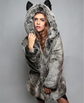 Fox Fur Coat Žiemos Striukė Moterims, Su Gobtuvu, Paltai Striukės Dirbtiniais Kailinius Moterų Femme Mujer Damen Pelzmantel Sumažėjo Striukė Striukės