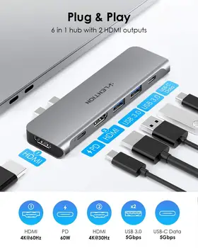 USB C Nešiojamų centras su 60W Galios Pristatymo, Dual 4K HDMI Kelis Ekranus Ekranas, 2 USB 3.0 ir USB C Duomenų MacBook Pro 13
