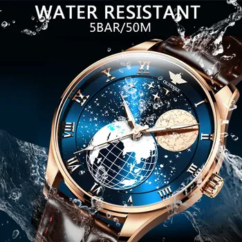 OUPINKE Mechaninė Automatinė Mens Laikrodžius Vandeniui Top Brand Prabanga Mėnulio Fazės Mens Watch Safyras Odos Montre Homme